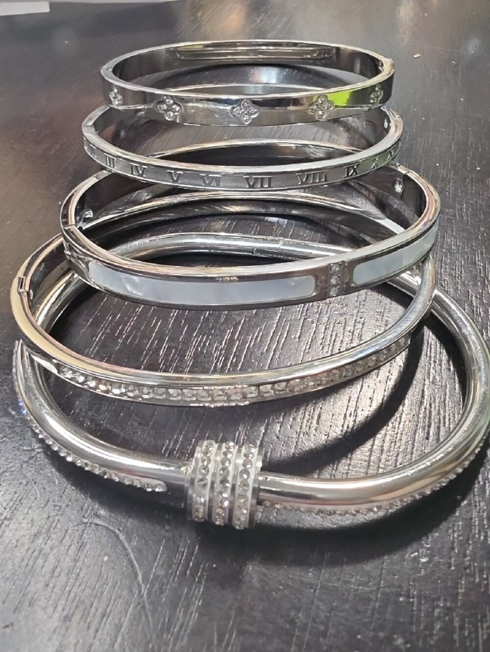 Silver Tone Stackable Women's Bangle Bracelet Set - White Accents - Picture 3 of 4